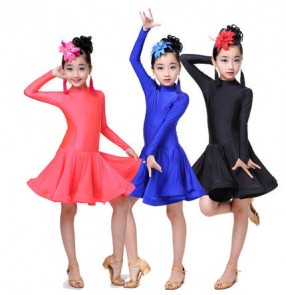Neon Royal blue coral colored long sleeves turtle neck spandex girls kids children performance competition latin salsa dance dresses outfits